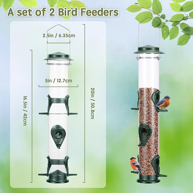 MIXXIDEA 2PK Metal Wild Bird Feeder Bird Feeders for Outdoors Hanging 6 Port Tube Bird Feeder Transparent Finch Feeder with Steel Hanger Green-Ruum Studio Home