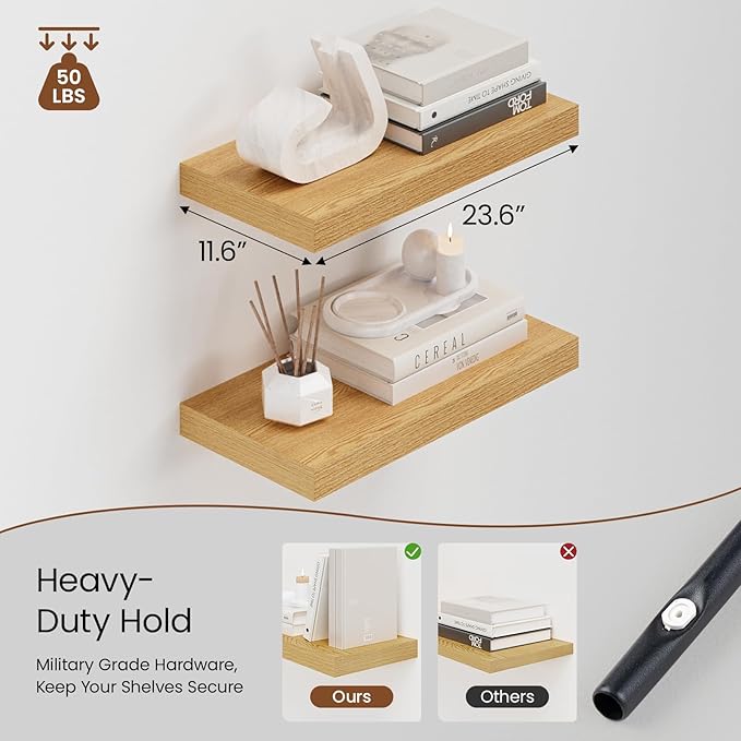 Heimlove 12" Deep Floating Shelves for Wall, 24 Inch Wall Shelf Bathroom Shelves Set of 2, Wall Mounted Shelves for Books Living Room Laundry Room Bedroom Kitchen Home Office, Oak-Ruum Studio Home