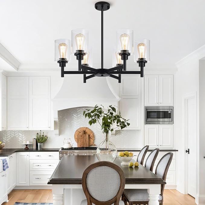 Black Chandeliers, 6 Light Dining Room Light Fixtures Over Table, Farmhouse Chandeliers for Dining Room with Clear Glass Shade for Kitchen Island Living Room Bedroom Bathroom, Height Adjustable-Ruum Studio Home