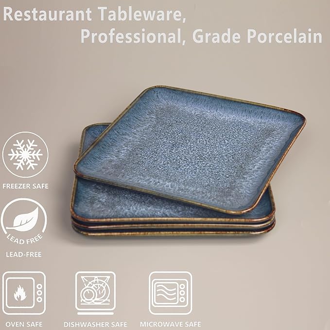 Ceramic Dinner Plates Dish Set, Set of 4, Microwave Oven and Dishwasher Safe, Scratch Resistant, Dinnerware Kitchen Porcelain Serving Dishes Blue, 9 inch Square plate-Ruum Studio Home