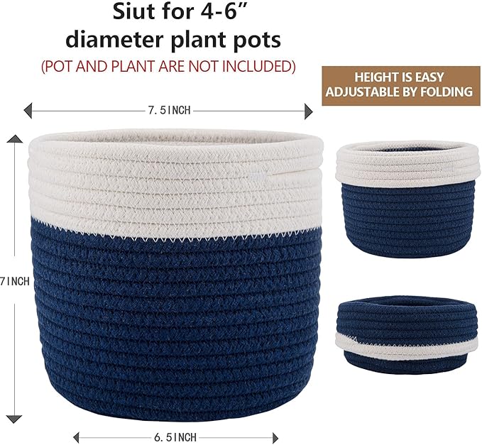 Cotton Rope Plant Basket Woven Baskets for 6" Pot Floor Indoor Planters,Rustic Home Decor H6 3/4" x W6 1/2" White Stitching Navy Blue-Ruum Studio Home