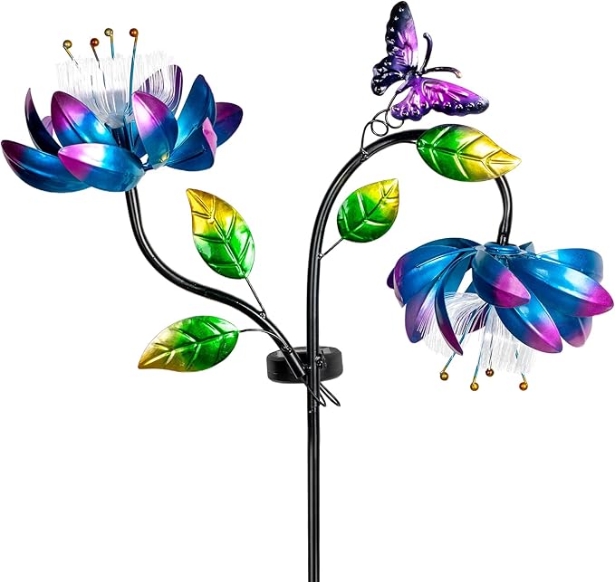 50'' Solar Powered Kinetic Wind Spinner Sculpture Blue Lotus Metal Stake Spinner for Patio, Lawn and Garden Decor Weather Resistant Outdoor Art with Dual Lotus with Butterfly Design-Ruum Studio Home