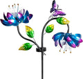 50'' Solar Powered Kinetic Wind Spinner Sculpture Blue Lotus Metal Stake Spinner for Patio, Lawn and Garden Decor Weather Resistant Outdoor Art with Dual Lotus with Butterfly Design-Ruum Studio Home