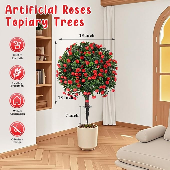 Artificial Boxwood Topiary Tree with Rose, Set of 2 Artificial Shrub Bushes with Ground Spike, Fake Evergreen Tree for Porch, Artificial Plants for Outdoor Planters Indoor UV Resistant-Ruum Studio Home