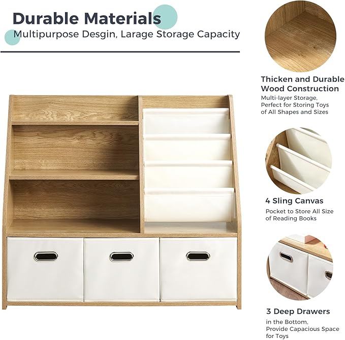 Kids Bookshelf, Kids Toy Storage Organizer with Storage Bins, Wooden Bookshelf and Book Display Shelf for Bedroom, Playroom, Nursery, Classroom, Teak Color-Ruum Studio Home