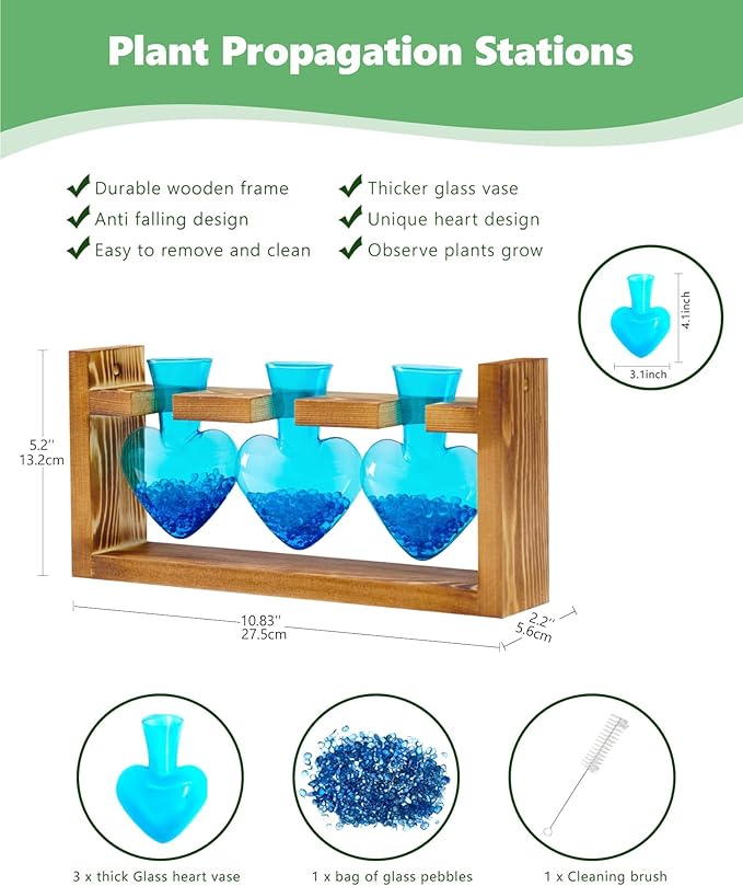 Nacome Plant Terrarium for Office Decor: Birthday Gifts for Plant Lovers Women Mom Wife - Wooden Stand Tabletop Planter 3 Bulb Glass Vase Heart Shaped for Hydroponics Indoor Home-Ruum Studio Home