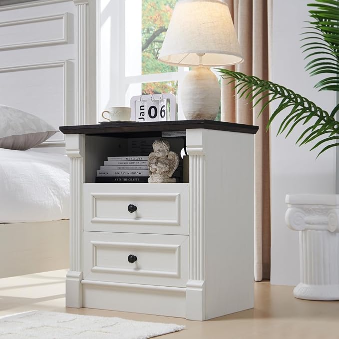 26" Tall Farmhouse Nightstand, 2 Drawers End Table w/Charging Station, 23.6" Wide Large Side Table w/Roman Column, Wood Rustic Sofa Table w/Open Shelf, Bedside Table for Bedroom, White-Ruum Studio Home