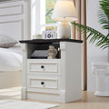 26" Tall Farmhouse Nightstand, 2 Drawers End Table w/Charging Station, 23.6" Wide Large Side Table w/Roman Column, Wood Rustic Sofa Table w/Open Shelf, Bedside Table for Bedroom, White-Ruum Studio Home