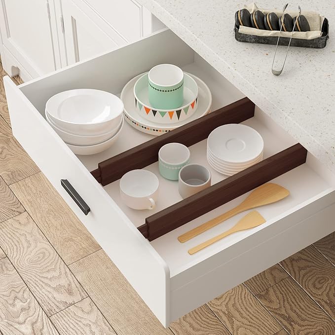 BAMEOS Drawer Divider,Expandable Bamboo Separators Adjustable Utensil Knife Fork Tool Kitchen Organizer, Clothes Fabric Drawer Organizer In Bathroom Bedroom Office, Cabinet Dresser Organizer 4-pack-Ruum Studio Home