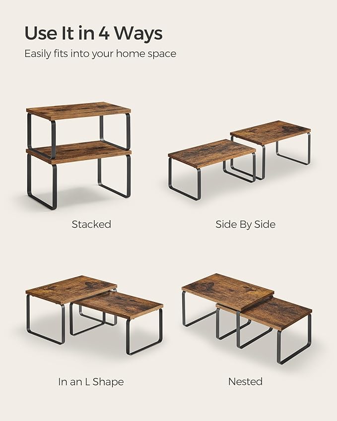 SONGMICS Cabinet Organizer Shelf, Set of 2 Kitchen Counter Shelves, Kitchen Storage, Spice Rack, Stackable, Expandable, Metal and Engineered Wood, Ink Black and Rustic Brown UKCS020X01-Ruum Studio Home