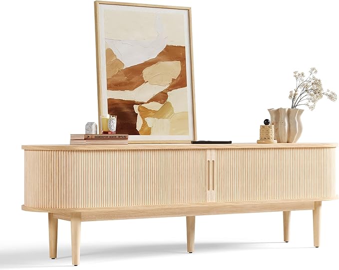 LINSY HOME Fluted TV Stand for 75" TV, Mid-Century Modern 70" Entertainment Center with Sliding Tambour Door and Storage Cabinet, Cruved TV Media Console Table for Living Room, Bedroom, Oak-Ruum Studio Home