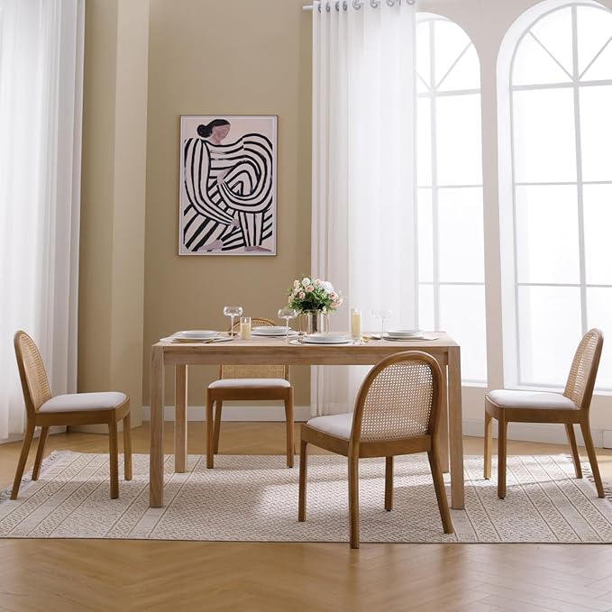 Mid Century Dining Chairs Set of 6, Accent Rattan Linen Fabric Side Chairs Kitchen Chair with Solid Wooden Legs for Living Room Dining Room, Beige-Ruum Studio Home