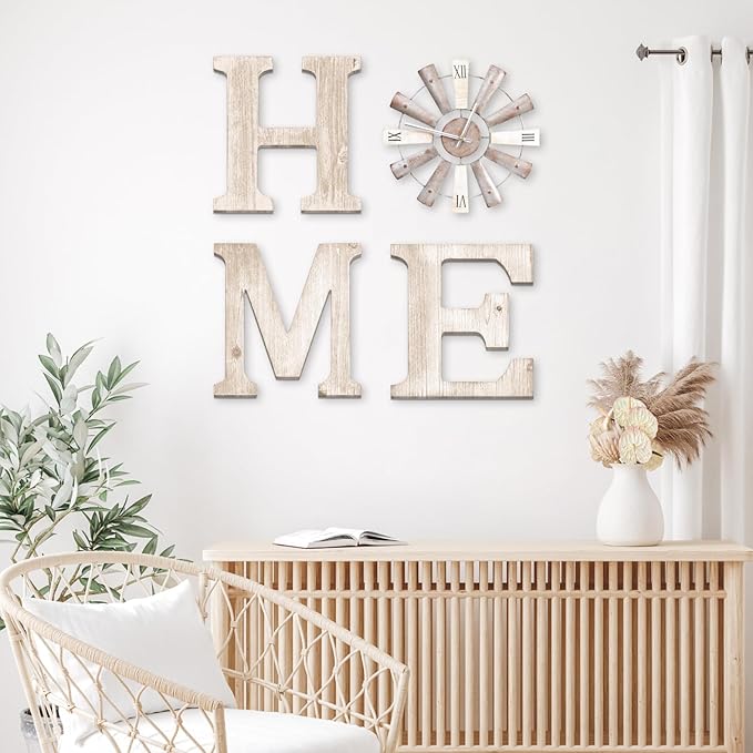 Farmhouse Home Signs with Windmill Clock Wall Decor Rustic Home Letters Wall Art for Living Room Kitchen Entryway Dining Room Bedroom (water-white)-Ruum Studio Home