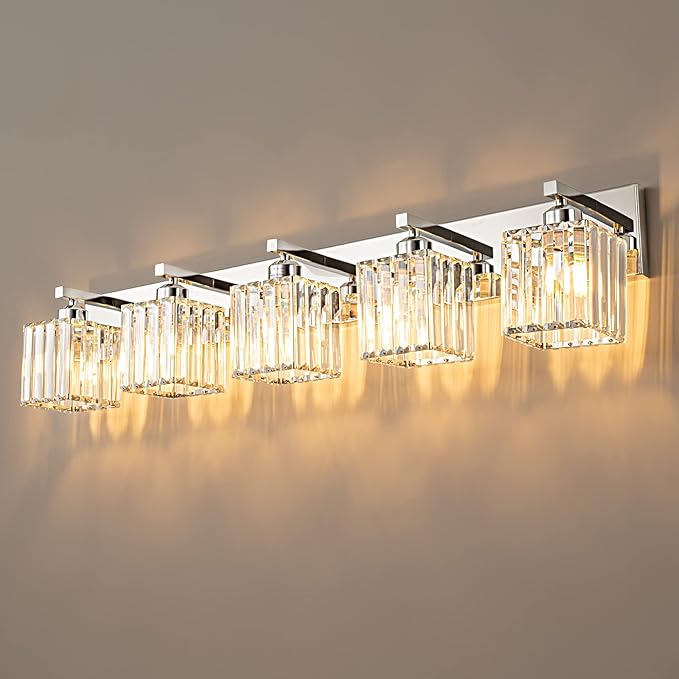 Modern Vanity Light 5-Lights Chrome Crystal Bathroom Wall Light Fixtures-Ruum Studio Home