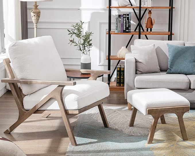 Mid Century Modern Accent Chair with Ottoman, Farmhouse Linen Upholstered Living Room Armchair and Ottoman Set, 23" Seat Wide Retro Leisure Lounge Chair with Wood Frame for Home, Bedroom, White-Ruum Studio Home