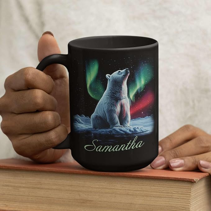 Custom Enchanted Arctic Landscape Design Cup, Customized Name Coffee Mug 11oz 15oz, Personalized Polar Bear And Northern Lights Ceramic Cup, Cute Polar Bear Black Mug, Gift For Her-Ruum Studio Home