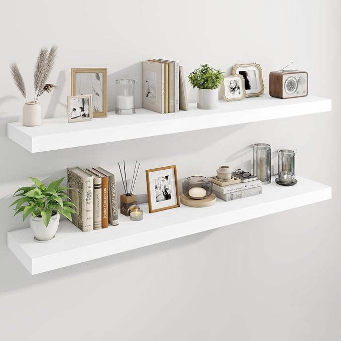 Marsmiles 55" Floating Shelves for Wall, Wooden Shelves with Invisible Brackets Set of 2, Rustic Farmhouse Wall Mounted Shelf for Kitchen Bathroom Living Room Study, White-Ruum Studio Home