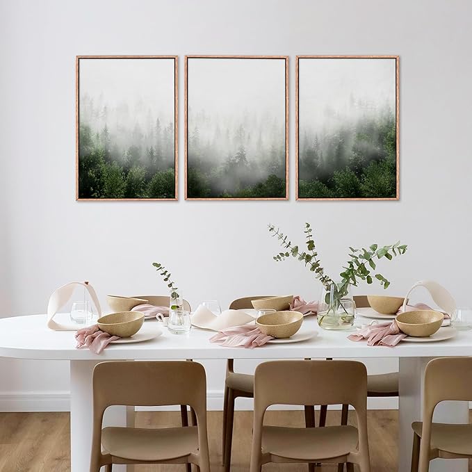 HPINUB Misty Green Forest Framed Canvas Wall Art Set, Nature Scenery Modern Wall Decor, Foggy Mountain Wall Painting, Woodland Landscape Nursery Art Print for Living Room, Bedroom, Office - 16"x24"x3-Ruum Studio Home