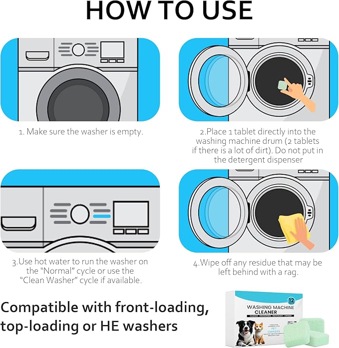 Washer Machine Cleaner Tablets-24Pack-12 Month Supply,Formulated for Pet Owners Washing Machine Cleaner,Compatible with HE,Easily pet hair remover for laundry.Top & Front Load Washer.Septic Safe.-Ruum Studio Home