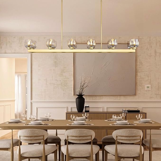 59 Inch Brass Rectangle Wagon Wheel Chandeliers, Gold Chandelier for Dining Room Over Table, Modern Crystal Long Chandelier, Farmhouse Large Linear Chandeliers for Kitchen Island-Ruum Studio Home
