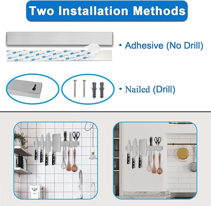 17.5" Magnetic Knife Holder for Wall with Hooks - No Drill Adhesive Mount - 304 Stainless Steel Knife Magnetic Strip-Ruum Studio Home