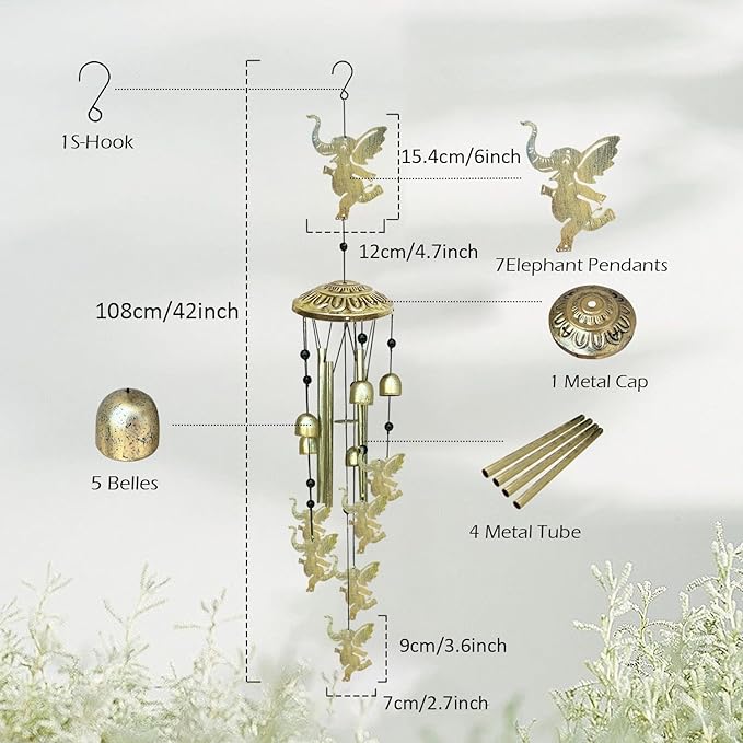Elephants Wind Chimes for Outside,42" Metal Wind Chinme Indoor/Ourdoor Garden Yard Decoration Patio Home Porch Decor,Unique Windchimes Memorial/House Warming/Birthday Gifts,Elephant Gifts for Women-Ruum Studio Home