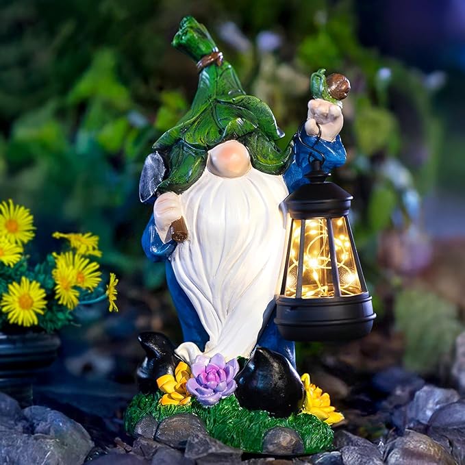 Solar Gnome Garden Figurine Yard Lights with Solar Lights Lantern & Shovel - Outdoor Yard Art Lawn Ornaments for Porch Patio Balcony - Gnome Gifts for Women Mom-Ruum Studio Home