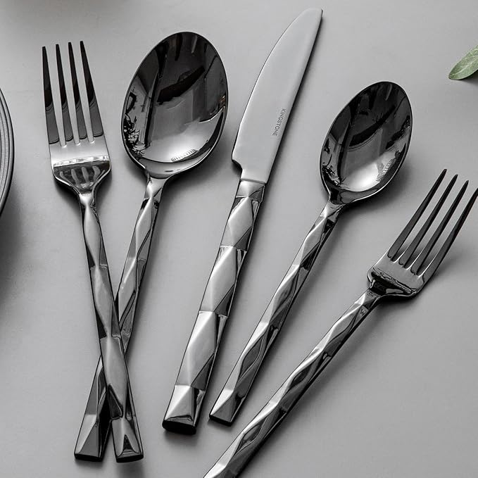 KINGSTONE Black Silverware Set, Luxury 40 Piece Flatware Set for, 18/10 Stainless Steel Cutlery Set with Diamond Cut Pattern for Kitchen, Home, Wedding, Party, Mirror Polished and Dishwasher Safe-Ruum Studio Home