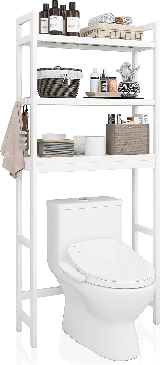 SMIBUY Bathroom Storage Shelf, Bamboo Over-The-Toilet Organizer Rack, Freestanding Toilet Space Saver with 3-Tier Adjustable Shelves (White)-Ruum Studio Home