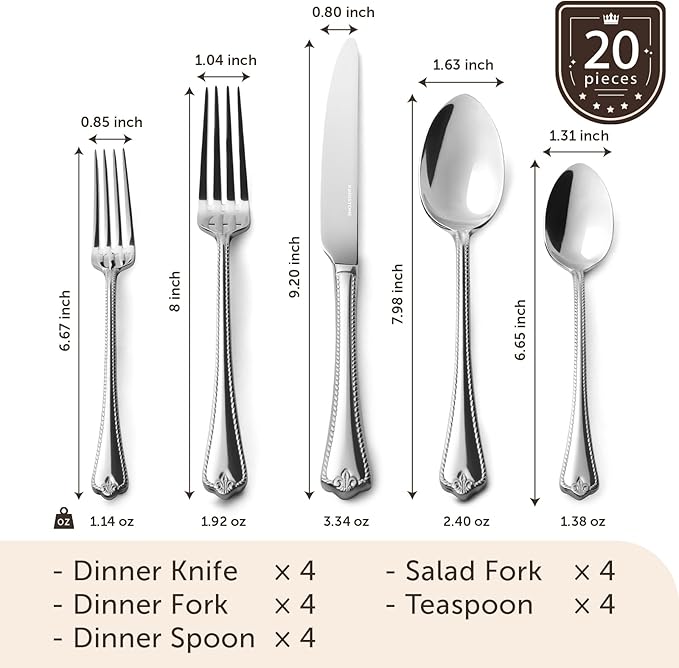 KINGSTONE Silverware Set, 20-piece 18/10 Stainless Steel Flatware Set Cutlery Set for 4, for Kitchen, Home, Wedding, Party, Mirror Polished and Dishwasher Safe, Featured Gifts-Ruum Studio Home