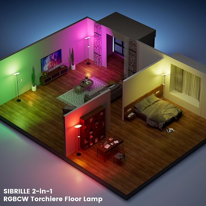 RGB Torchiere Floor Lamp - 2 Way Dimmable LED Standing Lamp with Remote&Button Control, 34W Rotatable Floor Reading Light, 72'' Tall Modern Corner Lamp for Living Room Bedroom Office, Black-Ruum Studio Home