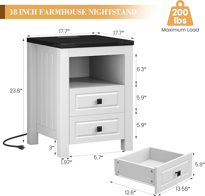Apicizon End Table Set of 2, Farmhouse End Tables with Charging Station, Nightstand with Drawers and Storage Cabinet, Small Coffee Table for Small Spaces, Sofa Side Table for Living Room, Bedroom-Ruum Studio Home