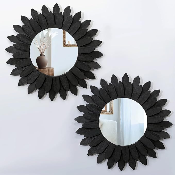 Honiway Boho Wall Decor Mirrors for Wall 2 Pack 12 inch Wood Decorative Mirror for Room Decor Rustic Farmhouse Mirror for Bedroom Bathroom Living Room Kitchen Black-Ruum Studio Home