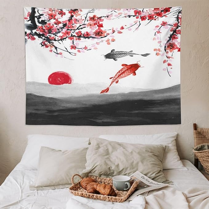 Houselerax Japanese Koi Fish Tapestries, Cherry Blossoms Asian Oriental Flower Branch Koi Fish Carp Tapestry Wall Hanging for Bedroom Living Room Office Decor 80"x60"-Ruum Studio Home
