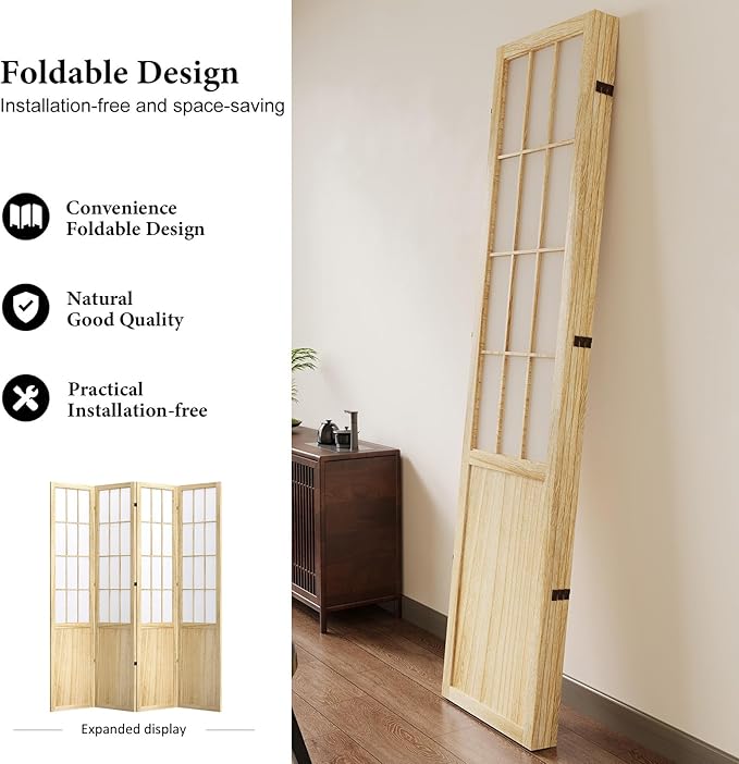 5.6FT Room Divider and Folding Portable Partition Screen, Chinese Japanese Shoji Style for Room Separation - 4 Panel (Natural)-Ruum Studio Home
