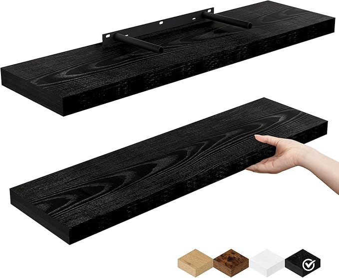Fun Memories Floating Shelves for Wall, 24" Rustic Wood Deep Wall Mounted Shelves with Invisible Brackets for Decor & Storage, Floating Shelf for Living Room, Bathroom (Black, Set of 2)-Ruum Studio Home
