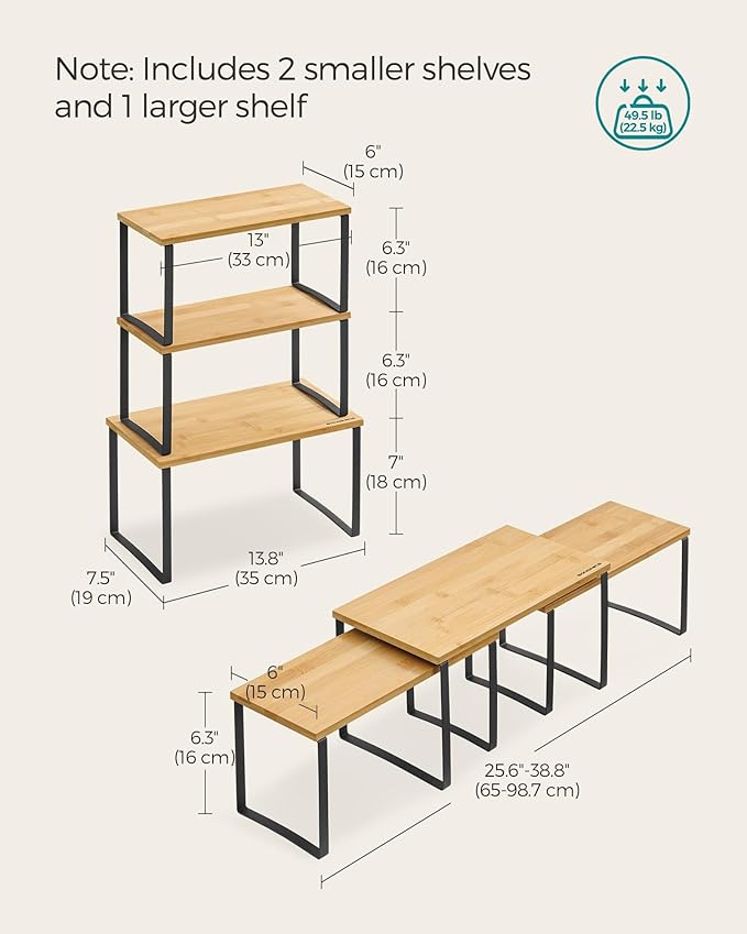 SONGMICS Cabinet Organizer Shelf, Set of 3 Kitchen Counter Shelves, Kitchen Storage, Spice Rack, Stackable, Expandable, Ink Black and Natural Beige UKCS014B01-Ruum Studio Home
