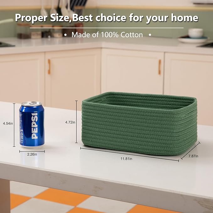 4 Pack Small Storage Shelf Baskets for Organizing, Mini Woven Rope Storage Bins for Towels, Cute Decorative Closet Organizer，Baby Nursery, Gift Empty Baskets -11.81''Lx7.87''Wx4.72''H-Green-Ruum Studio Home