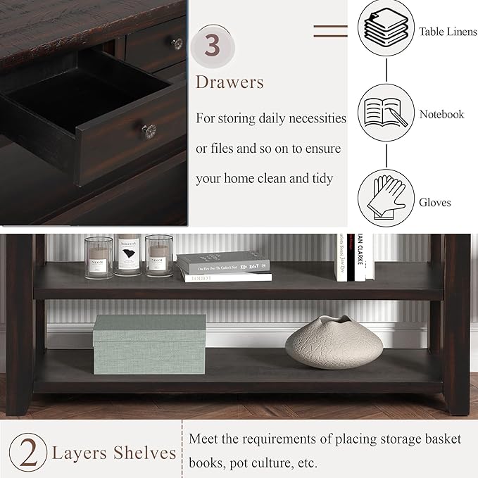 Solid Wood Console Table,Sofa Table with Storage Drawers and Bottom Shelf,Entryway Table for Entry Hallway Foyer,Fully Assembled (48.8" Distressed Black)-Ruum Studio Home
