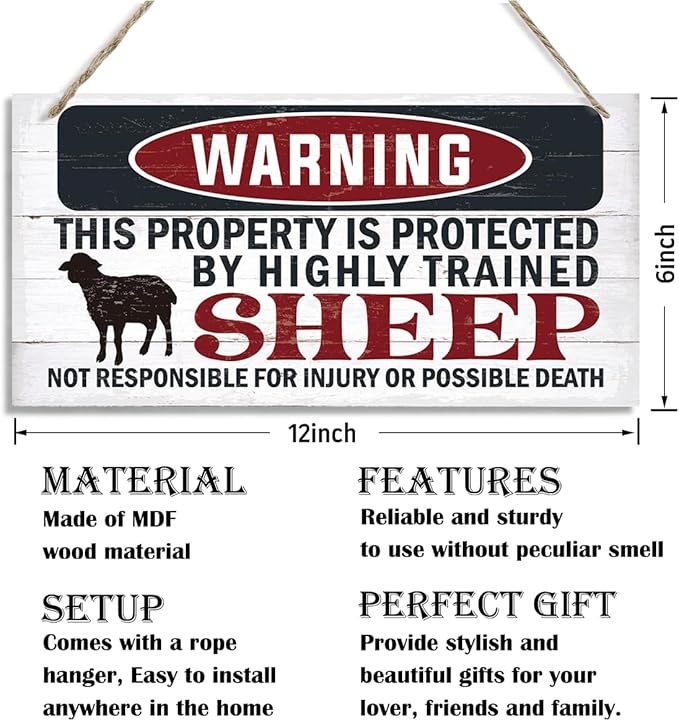 Funny Warning Signs, The Property is Protected By Highly Trained Sheep Sign, Decorative Wood Hanging Wood Plaque, Sheep Wall Decor, Farm Fence Decor, Home Garden Decor for Indoor Outdoor Use-Ruum Studio Home