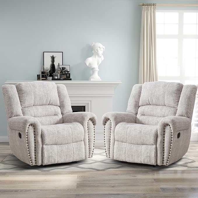 CANMOV Manual Recliner Chair Set of 2, Classic and Traditional Manual Recliner Chair with Comfortable Arms and Back Single Sofa for Living Room, White Grey-Ruum Studio Home