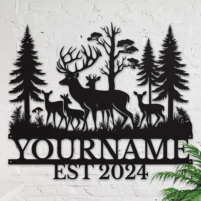 Personalized Deer Forest Name metal Signs,Custom Shed Metal Wall Decor,Black Deer Metal Wall Art Decor,Deer Home Metal Signs Plaques,Outdoor wall Decorative Signage (Style E)-Ruum Studio Home