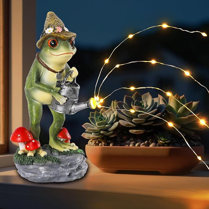 Solar Frog Statue for Garden with Watering Can Light 8.8" Resin Frog Figurine Outdoor Patio Porch Yard Decor Unique Birthday Housewarming Gifts for Women Mom Grandma Wife Sister-Ruum Studio Home