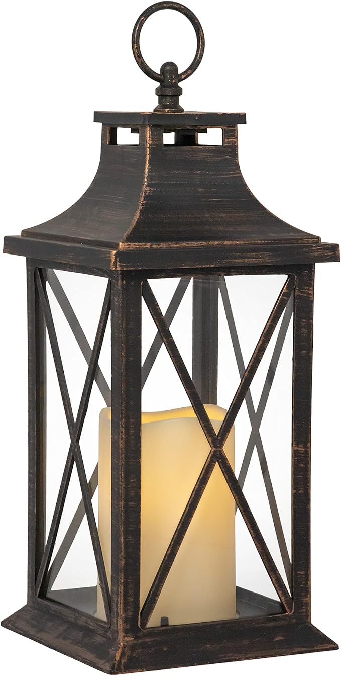 YAKii 14" Decorative Candle Lantern LED Flameless Candle Timer, Plastic LED Candle & Holder, Indoor & Outdoor Hanging Lights,Christmas Day Decoration (Antique Copper Brushed)-Ruum Studio Home