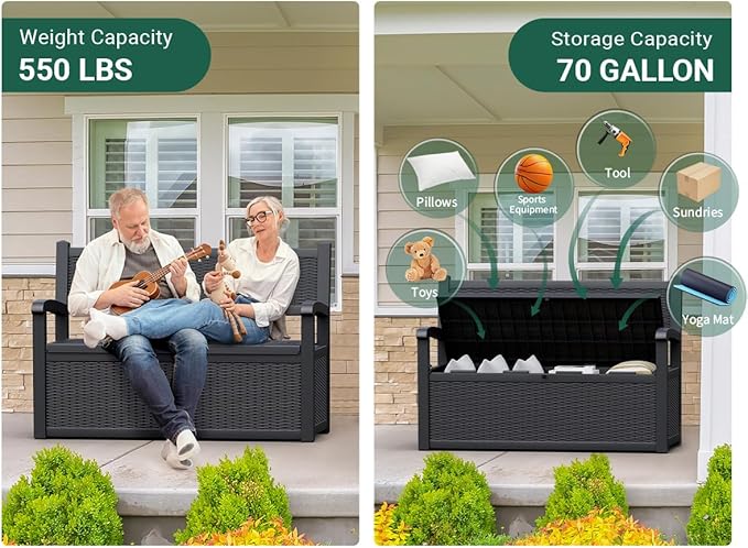70 Gallon Outdoor Storage Box, Resin Patio Furniture with Armrest, Lockable Deck Box with Waterproof and UV Resistant for Patio Cushions, Garden Tools and Pool Supplies, Black-Ruum Studio Home
