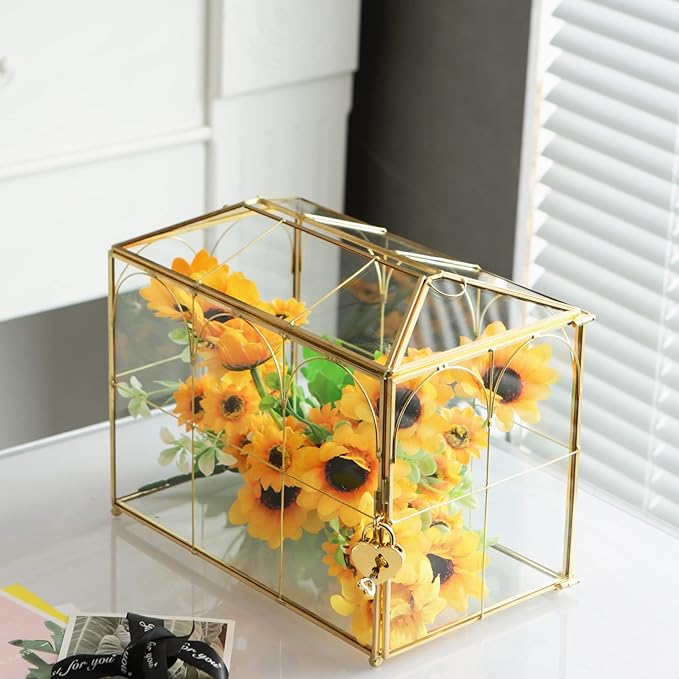 Glass Card Box with Slot, 10.2 inch Large Gold Clear Card Box for Wedding Receptions, Decorative Storage Box with Lock for Baby Shower, Birthday Party, Bridal Shower-Ruum Studio Home