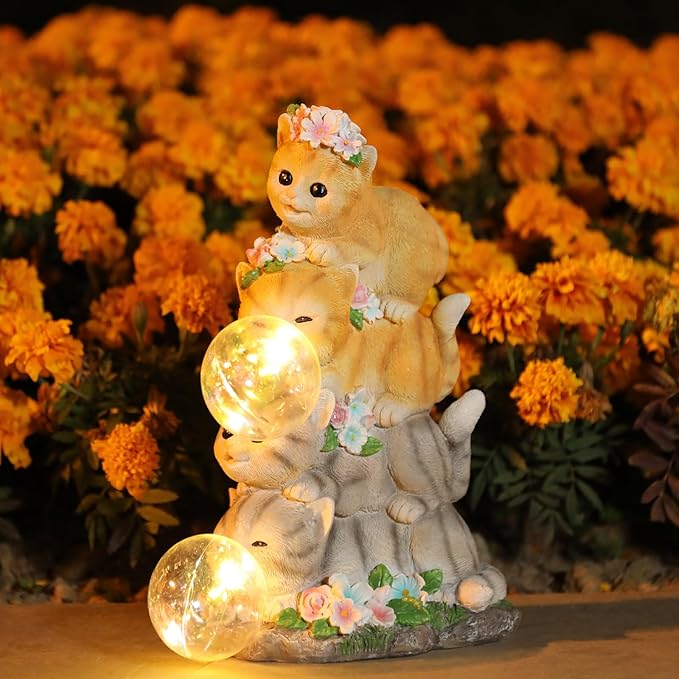 Solar Cat Garden Statue Resin Cat Statue Decor Outdoor with LED Lights for Outside Yard Art Lawn Ornaments Patio, Cat Lovers Gifts-Ruum Studio Home