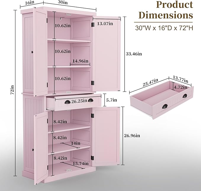 ARTPOWER 72" Tall Kitchen Pantry Storage Cabinet with Drawer and Adjustable Shelves, Pantry Cabinet for Kitchen, Bathroom or Hallway, Pink-Ruum Studio Home