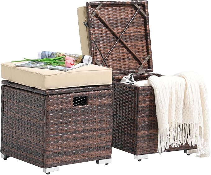 Patiorama 2 Piece Outdoor Patio Ottomans, All-Weather Brown PE Rattan Wicker Ottoman with Storage, Outdoor Footrest Footstool Seat w/Thick Cushion, Built-in Handle for Backyard Poolside Porch (Beige)-Ruum Studio Home