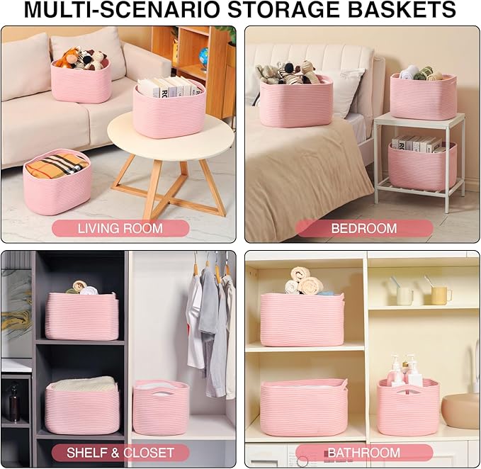 Storage Baskets for Organizing Shelves, Pink Basket for Nursery, Woven Cotton Rope Baskets for Storage, Towel Basket for Bathroom, 15"x11"x9.5", 3 Packs, Light Pink-Ruum Studio Home